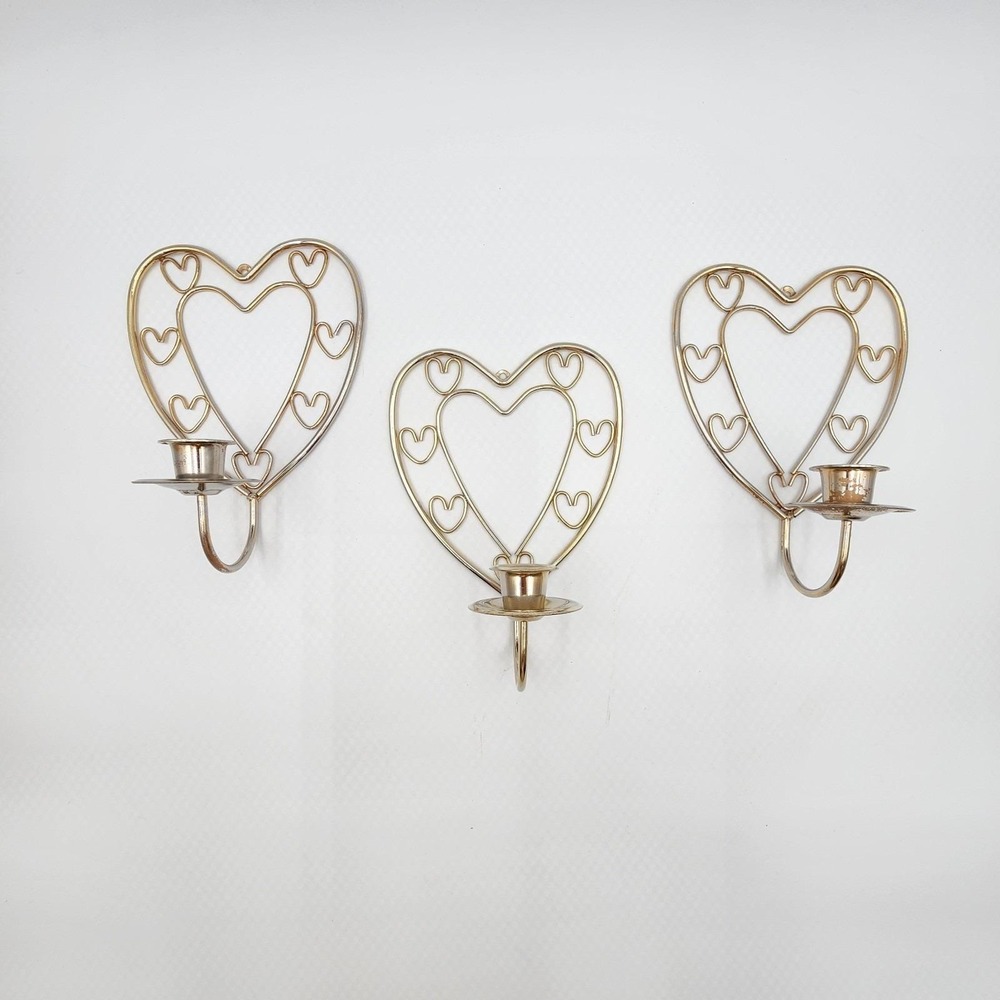 Vintage Heart Shaped Metal Wall Sconces Candle Holders Gold Tone Set of 3